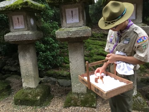 万燈籠祭りのために燈籠に灯りをともすボランティアの若者